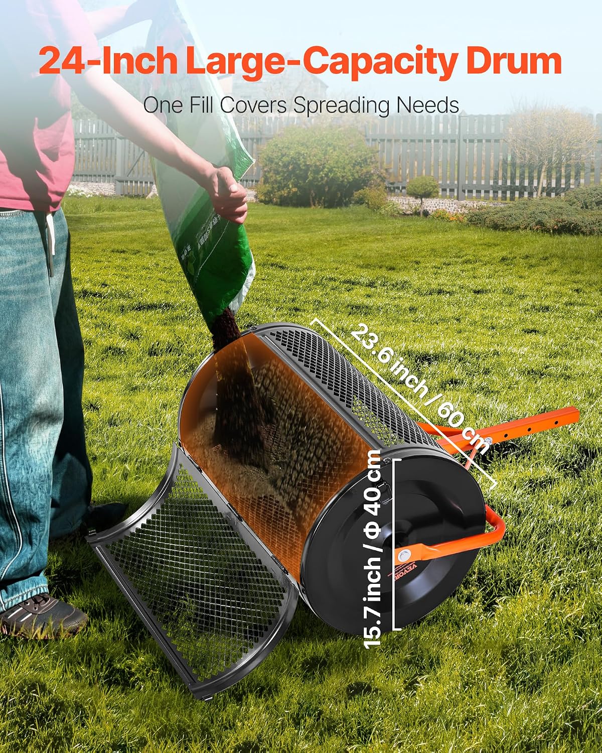 Compost Spreader, 24 in Wide Peat Moss Spreader with T Shaped Handle, 3 Heights Adjustable, Powder-Coated Steel