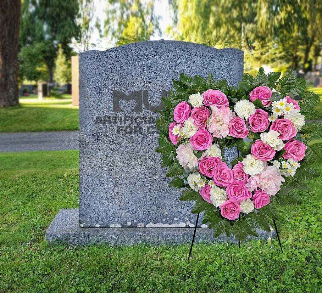 Cemetery Flower Wreaths for Grave Decorations- Elegant Remembrance Standing Heart,Memorial Floral with Easel