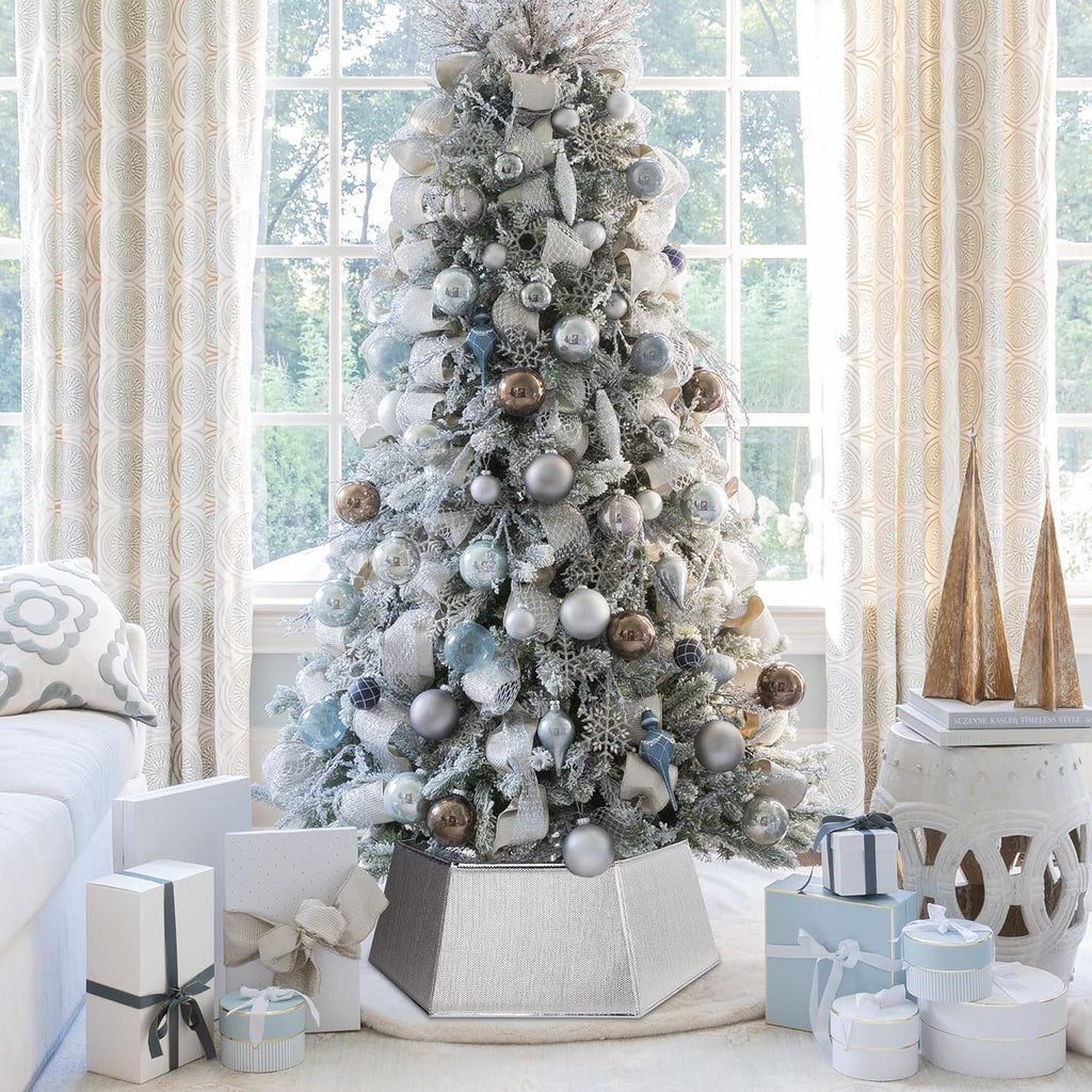Hexagonal Christmas Tree Collar - Shiny Fabric Tree Skirt, Decorative Tree Ring for Holiday & Xmas Decor (Shiny Silver)