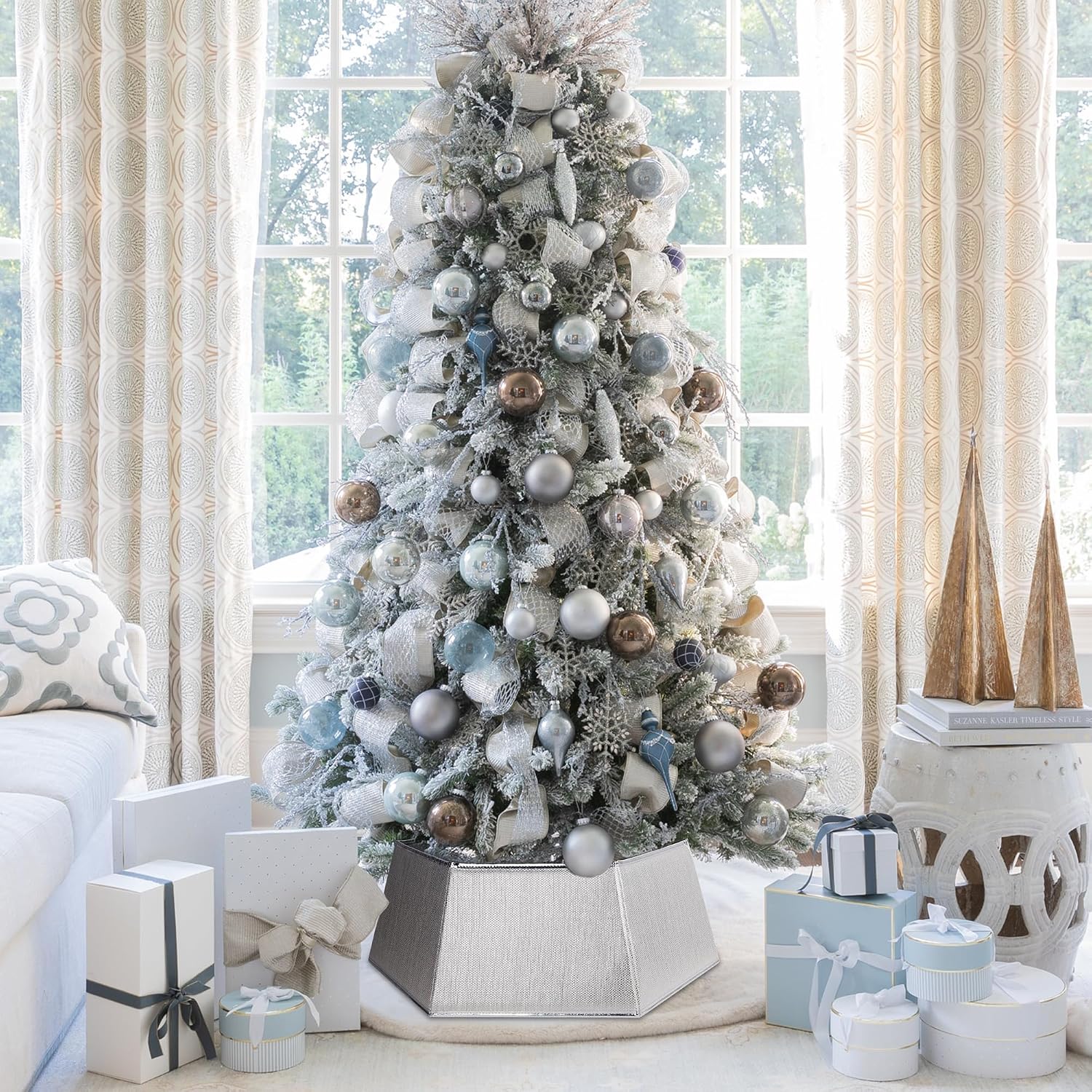 Hexagonal Christmas Tree Collar - Shiny Fabric Tree Skirt, Decorative Tree Ring for Holiday & Xmas Decor (Shiny Silver)