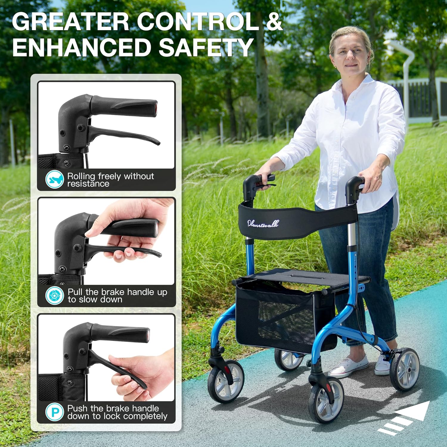 Super Lightweight Rollator Walker for Seniors, Foldable Rolling Walker with Seat and 8" Rubber Wheels for All