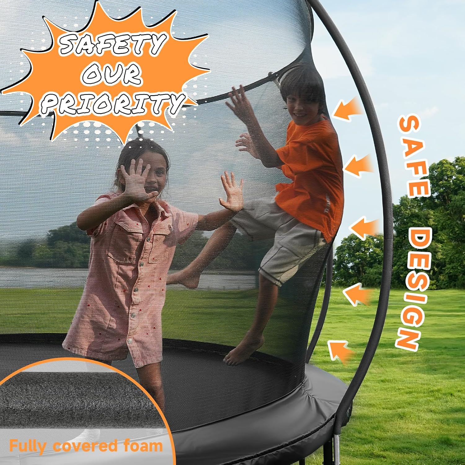 10FT 12FT 14FT 15FT 16FT Outdoor Trampoline with Enclosure Net, Heavy Duty Yard Trampolines, ASTM Approval