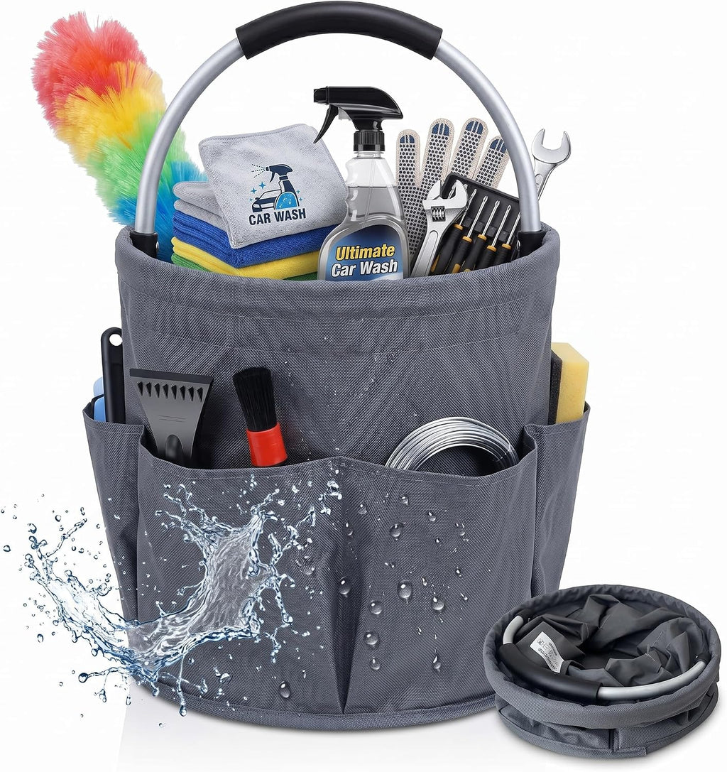 Cleaning caddy with Handle,17L Foldable collapsible bucket 600D Oxford Fabric, 6 Pockets Portable Multi-Use Organiser