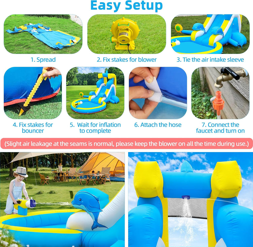 Inflatable Water Slide: 4 in 1 Bounce House Water Park Dolphin Style for Kids - Climbing Wall Splash Pool Water