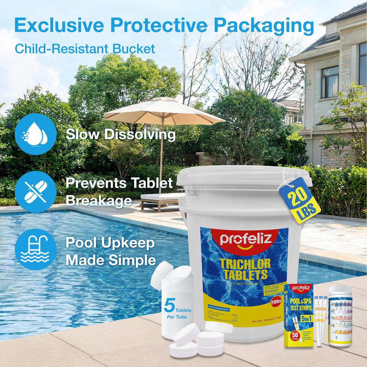 Chlorine Tablets 3 Inch,20lb & Test Strips Kit Exclusive Packaging