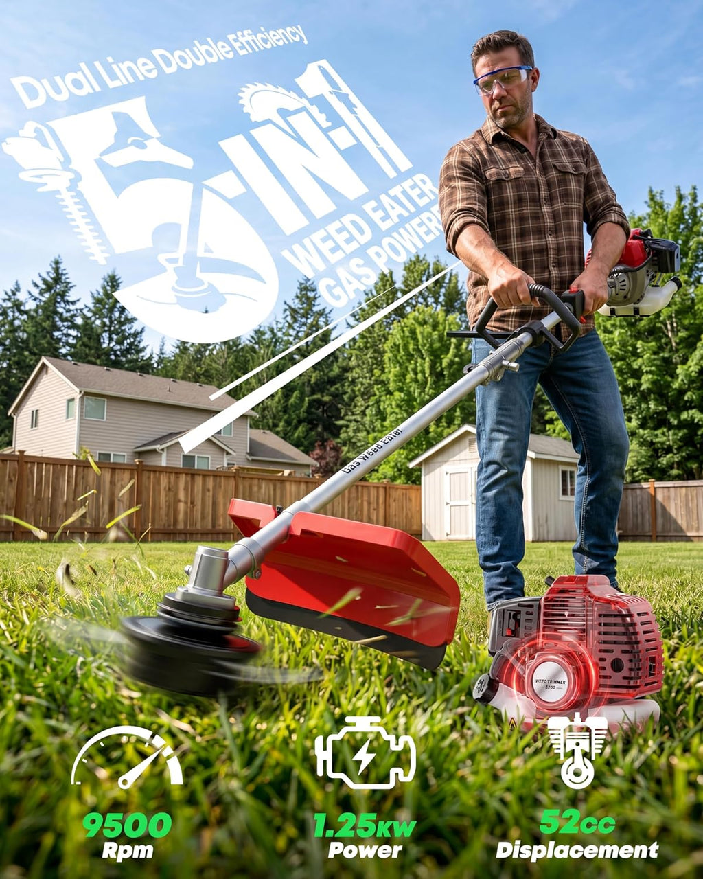 52CC Gas String Trimmer, 5-in-1 Brush Cutter System, Red | Aluminum Alloy Shaft, 18 in Line Head, 3T/40T Blades, 12
