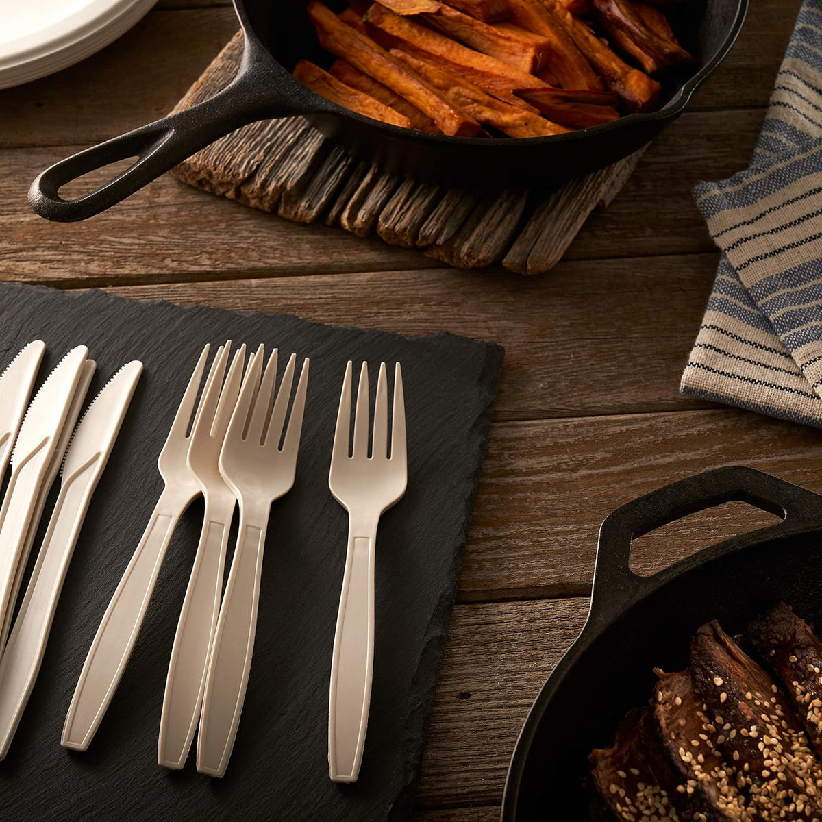 250 Piece Biodegradable Paper Plates Set (EXTRA LONG UTENSILS), Disposable Dinnerware Set, Eco Friendly Compostable
