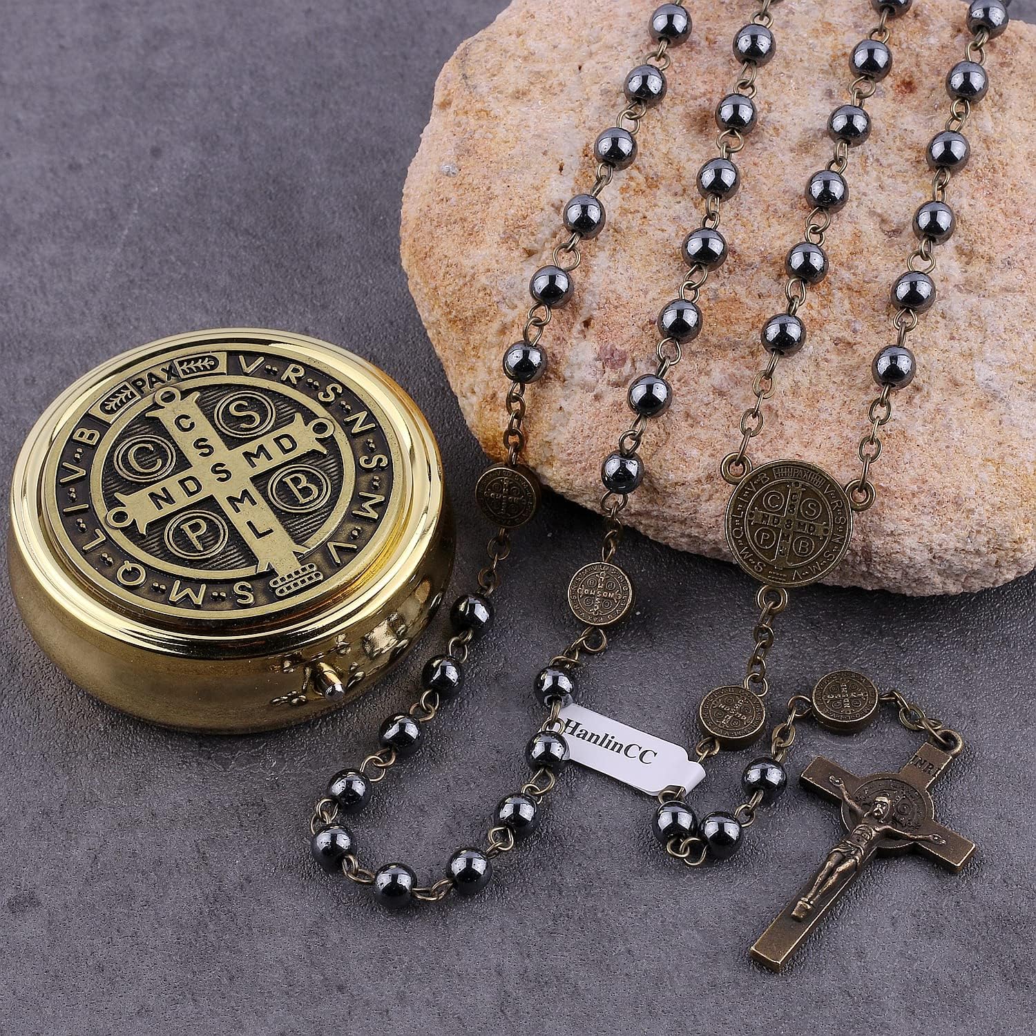 Catholic Rosary St.Benedict Hematite Necklace with Gold Plated Box