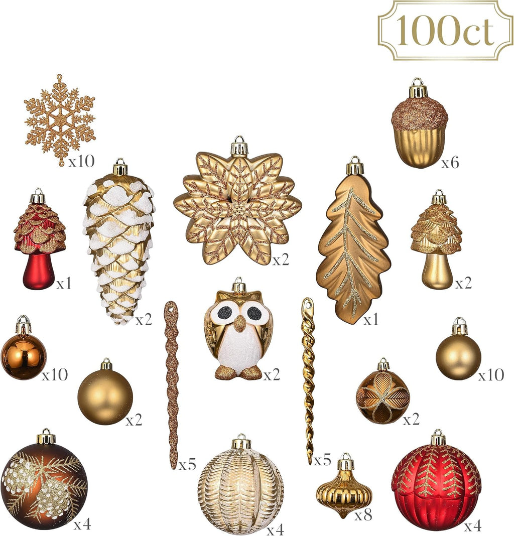 Christmas Ornaments Set, 80ct Red and Brown Shatterproof Christmas Tree Decorations, Woodland Hanging Ball Ornaments