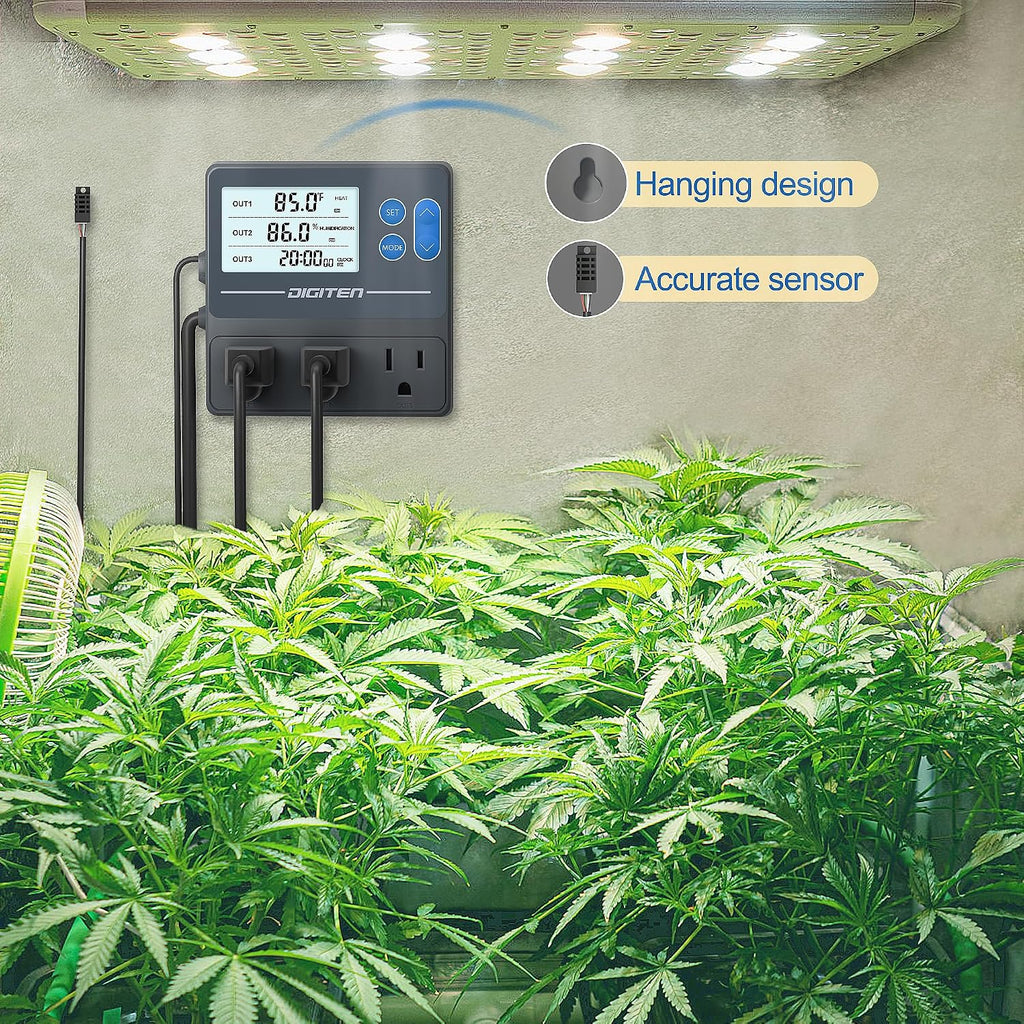 Digital Temperature Humidity Controller Pre-Wired Outlets for Mushroom, Reptile, Heating/Cooling On Outlet 1