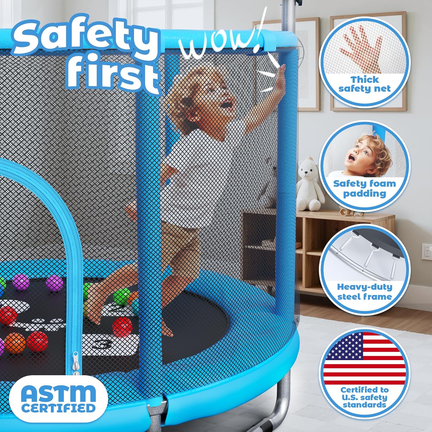 55’’ Trampoline for Kids with Safety Enclosure, Indoor & Outdoor Toddler Trampoline, Ultra Safe Design with Multi
