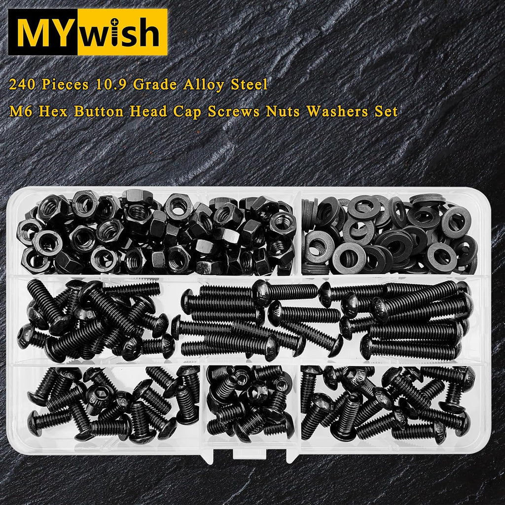 240 Pieces M6 Screw Nuts and Bolts Assortment Kit, 10.9 Grade Alloy Steel, Nuts and Bolts Button Head Socket Cap
