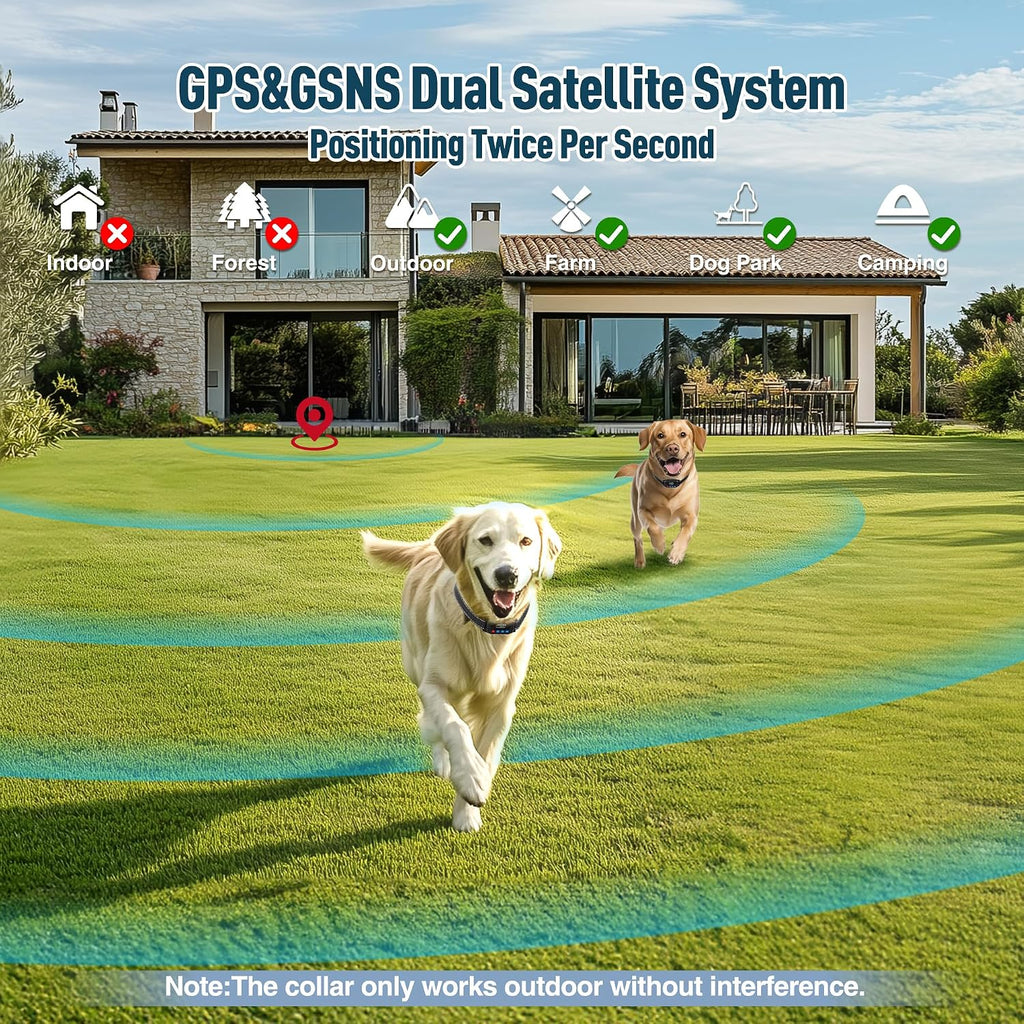 GPS Wireless Dog Fence for 2 Dogs - Electric Fence for Large Medium Dogs with 3 Warning Modes, Adjustable Radius