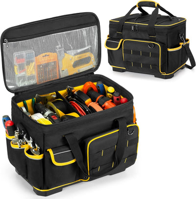 16-inch Tool Bag with Hard Bottom and a Detachable Divider, Heavy Duty Tool Tote with Multiple Pockets, Black