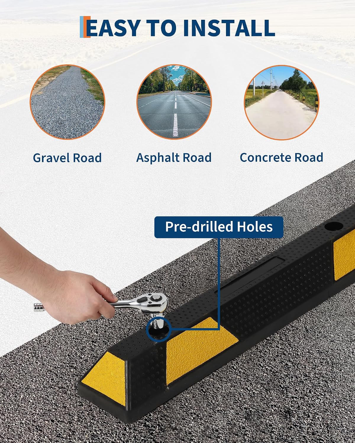 72 in Heavy Duty Rubber Parking Curb, 2 PCS Garage Car Wheel Stopper with Yellow & Black Reflective Strips, Durable