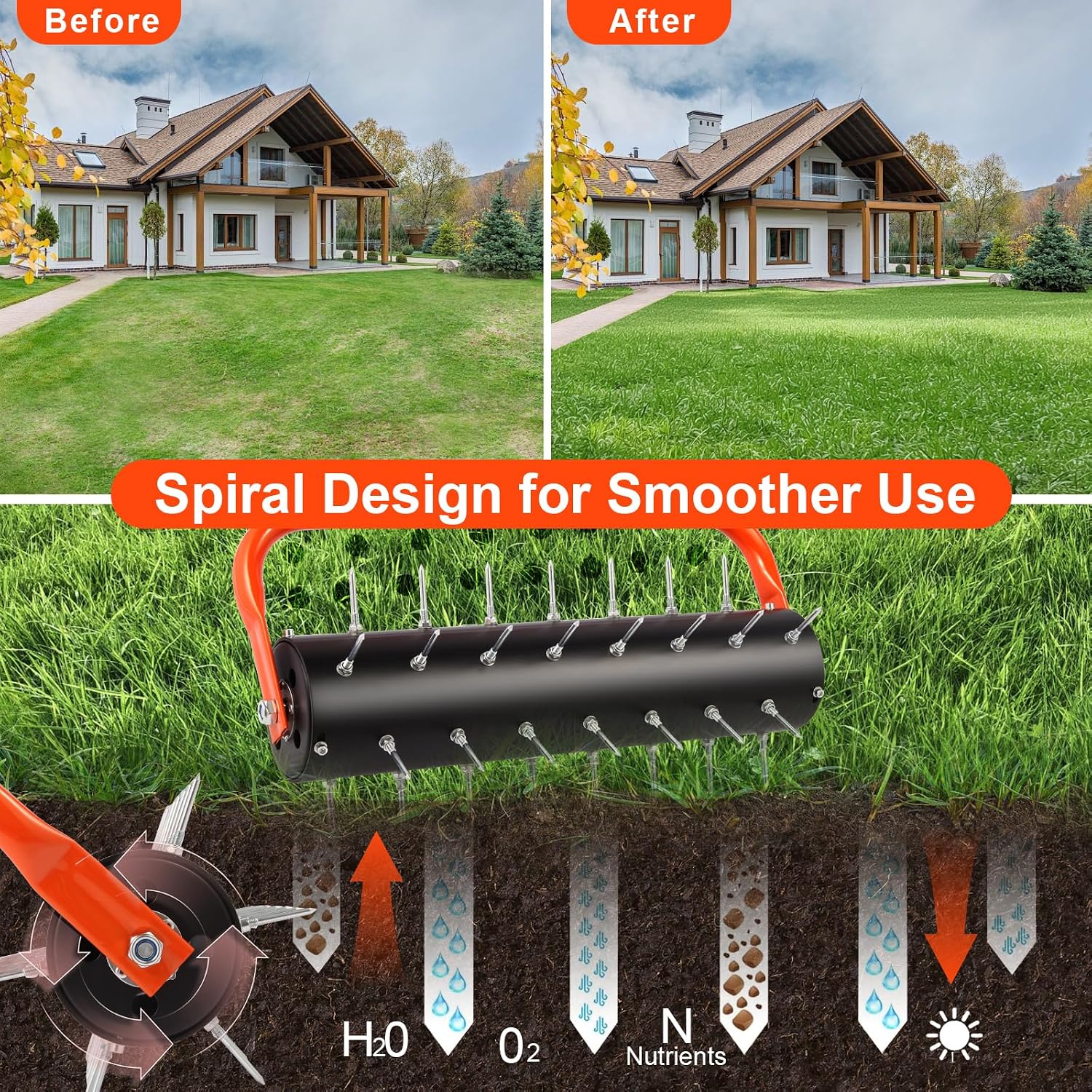 Rolling Lawn Aerator, 21" Soil Penetrator push Aerator for lawn,Preasembled Spike Garden Aerator Tool, 75" Adjustable