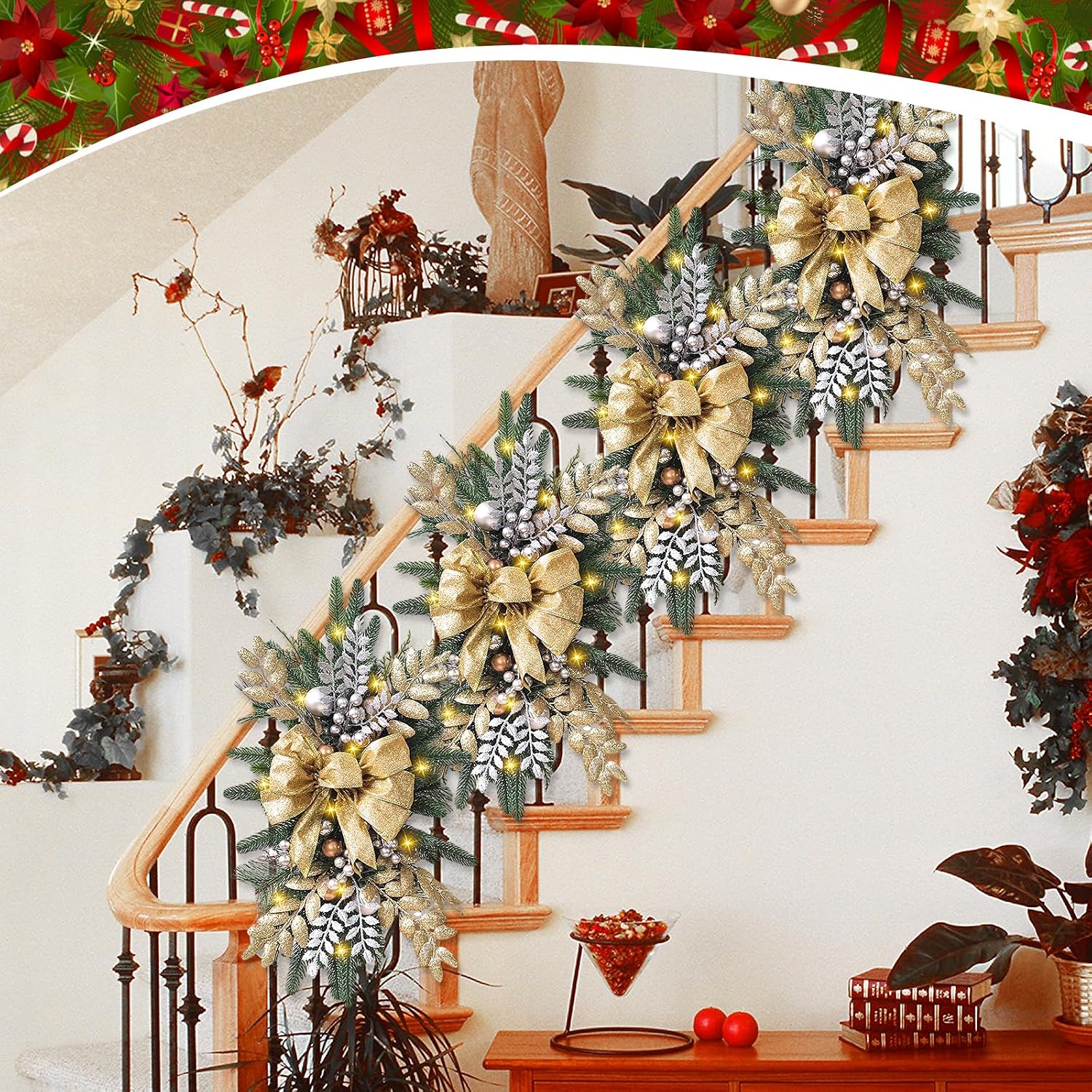 Christmas Teardrop Swag for Outdoor, 24" Prelit Cordless Stair Decorations with Lights, 1 Pcs Artificial Christmas
