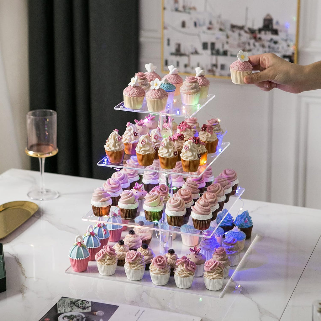 4 Tier Acrylic Cupcake Tower Stand, Clear Square Dessert Treat Display, Cake and Cupcake Stand Set, Candy Bar Party