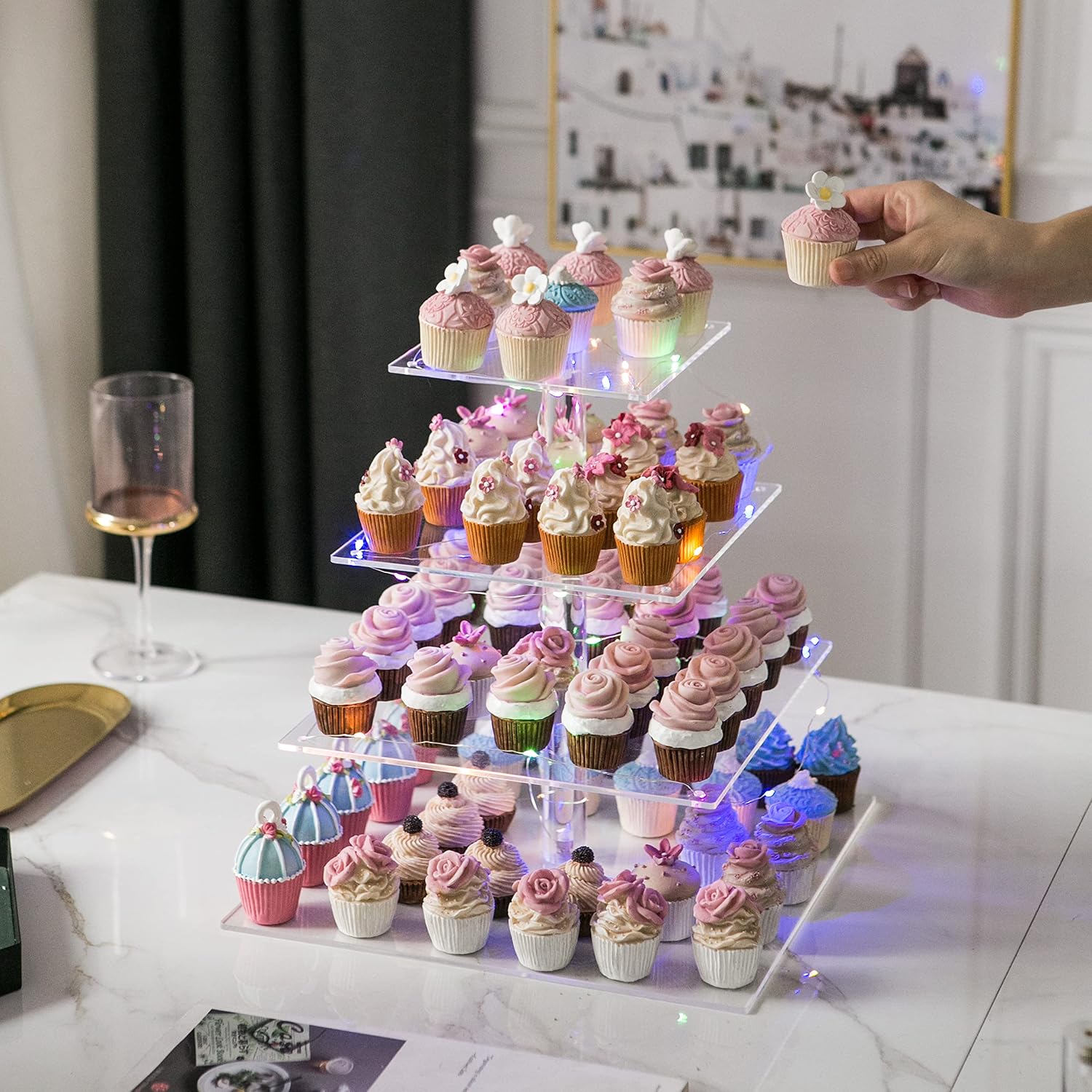 4 Tier Acrylic Cupcake Tower Stand, Clear Square Dessert Treat Display, Cake and Cupcake Stand Set, Candy Bar Party