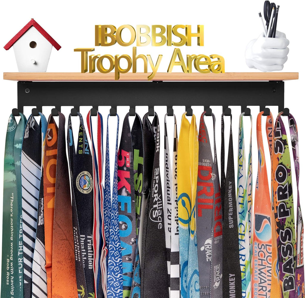 Premium Trophy and Medal Display Shelf 16inchL,Metal Trophy Shelf with Hooks Upgraded,Large Bamboo Trophy Board