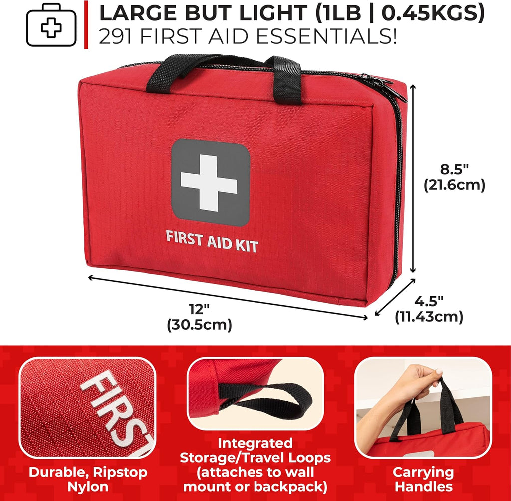Home Essentials First Aid Kit (291 Pieces) - First Aid Bag with Multi-Sized Bandage, Gauze, Wipes, Scissors, Gloves