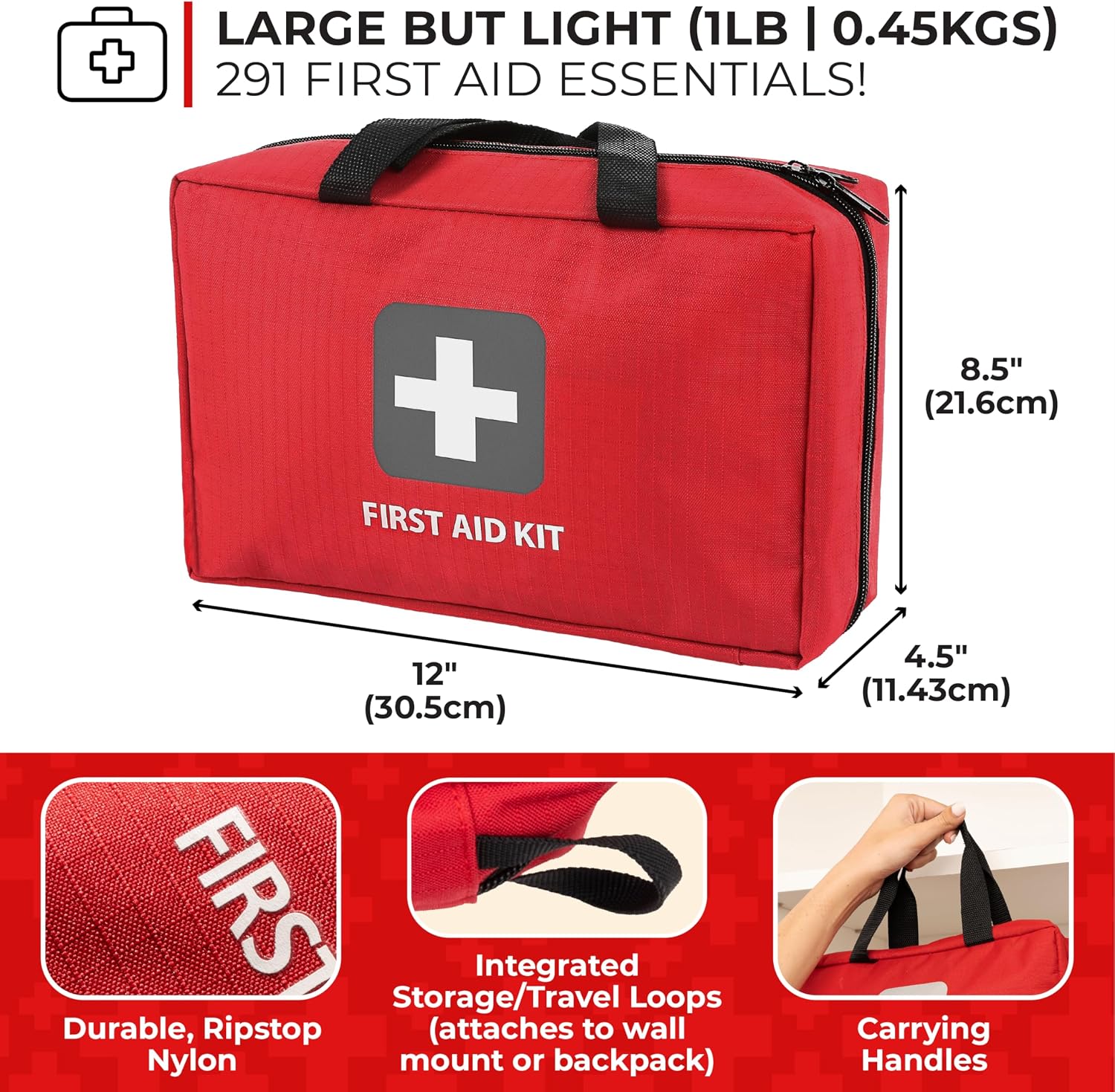Home Essentials First Aid Kit (291 Pieces) - First Aid Bag with Multi-Sized Bandage, Gauze, Wipes, Scissors, Gloves