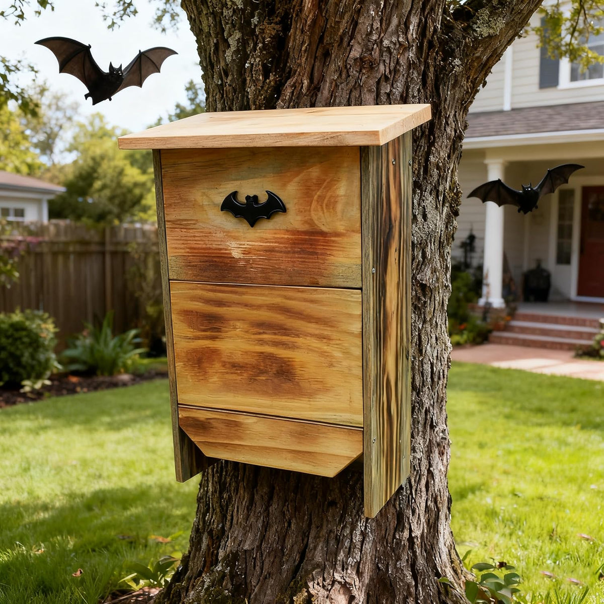 Large Solid Wood Bat House - Dual-Chamber Habitat to Attract Insect-Eating Bats | Includes Pre-Drilled Mounting Kit