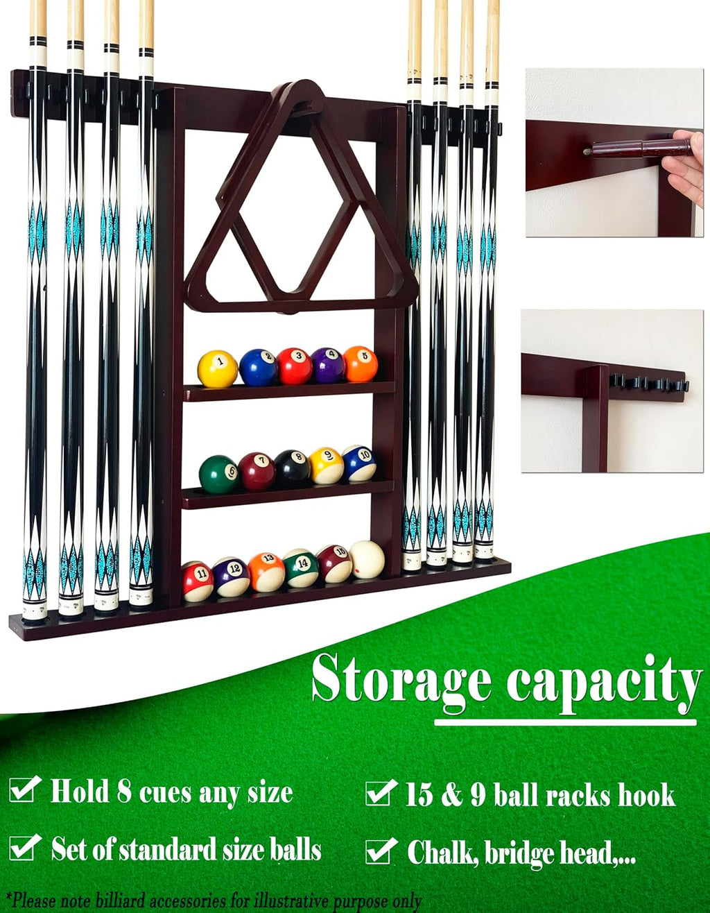 Wall Mount Pool Cue Stick Holder Hold 8 Cues, Pool Stick Holder, Billiard Cue Rack For Pool Table Accessories. Pool
