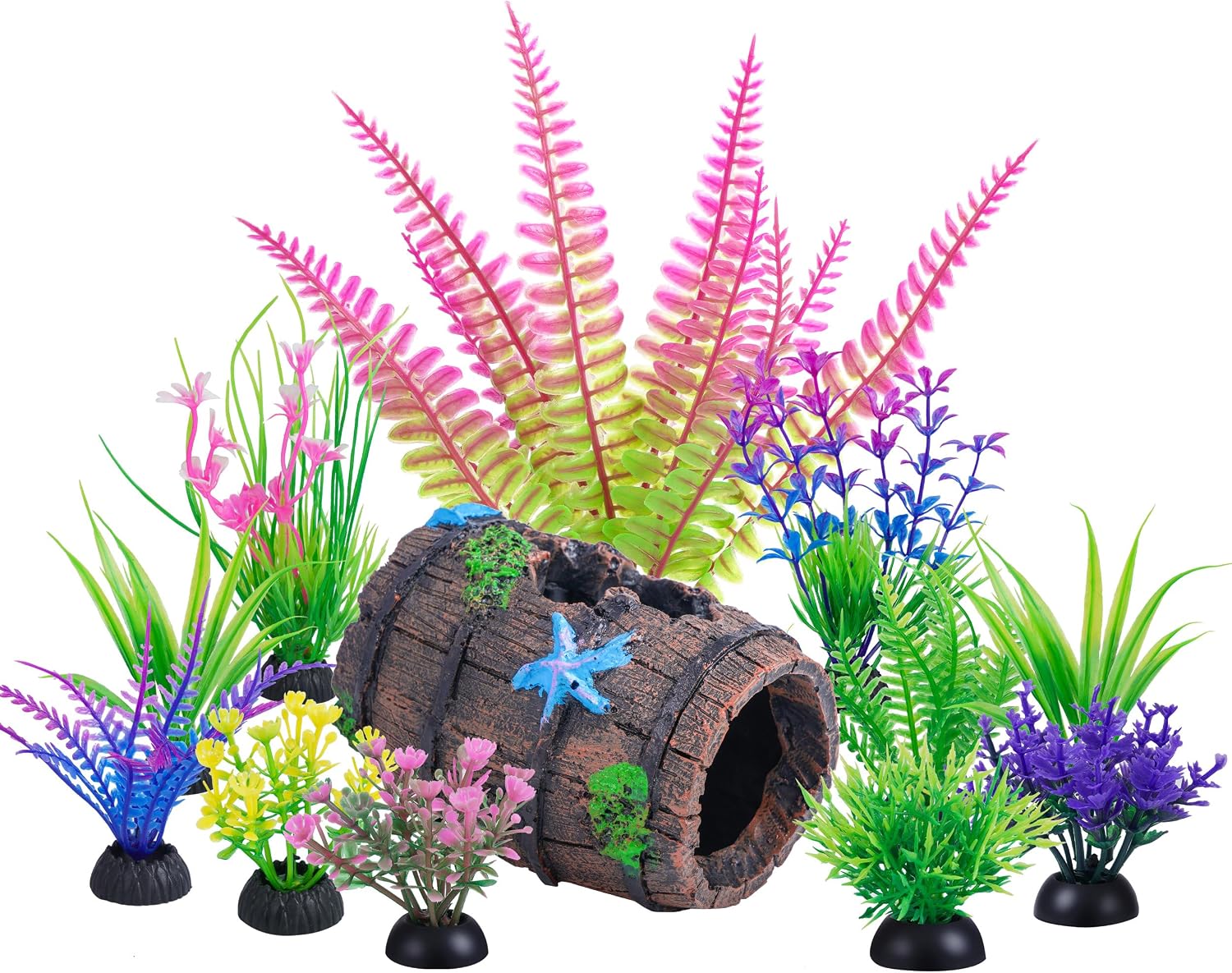 11 Aquarium Plants & Fish Tank Broken Barrel Cave Decorations Set | Broken Barrel Cave and Soft Artificial Plastic