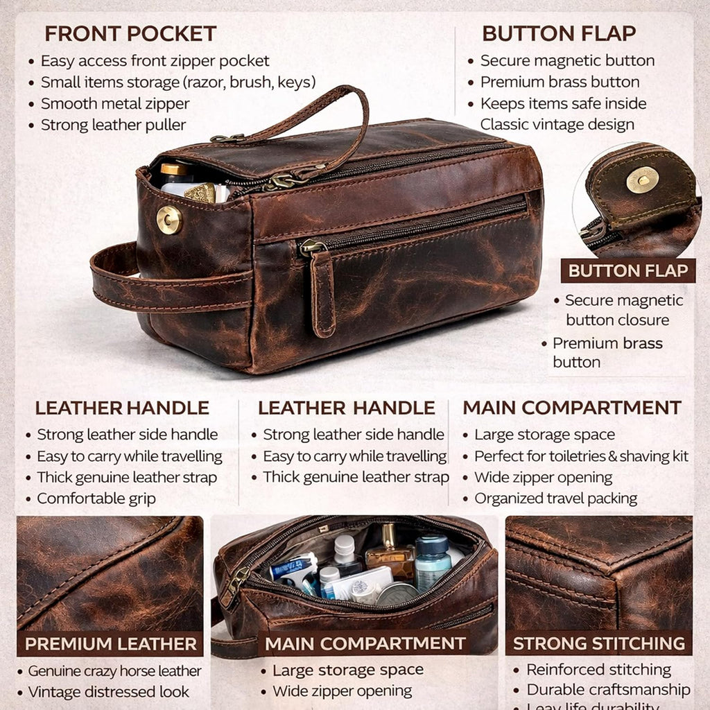 Genuine Buffalo Leather Unisex Toiletry Bag Travel Leather Dopp Kit Made With High Class Buffalo Leather