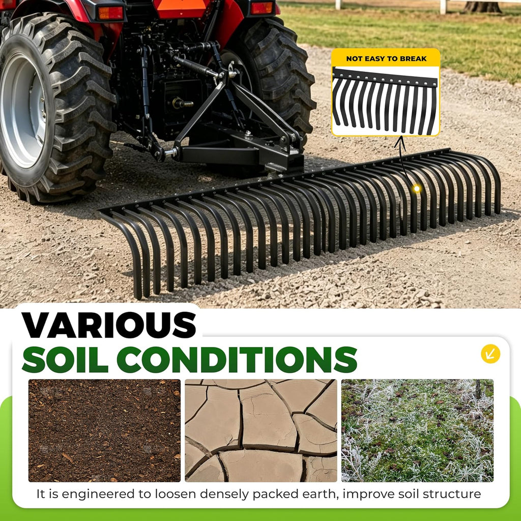 Landscape Rake 3 Point 360 Rotation 60 Inch Compatible with Category 1 Compact Tractors Tow Behind Garden Tool Black