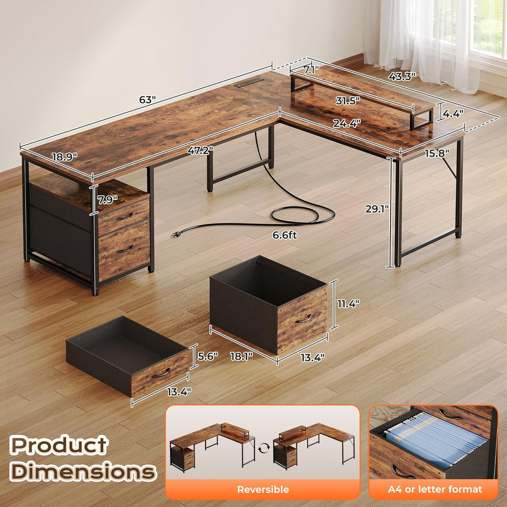 63 Inch L Shaped Desk with Power Outlets and USB-C Port, Computer Corner Home Office Desk with File Fabric Drawers