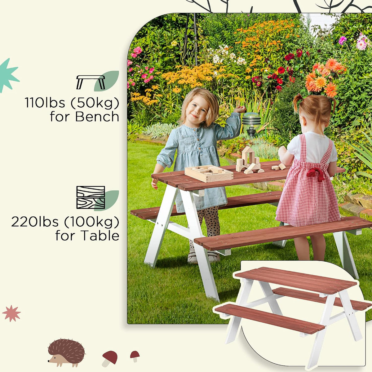 Kids Picnic Table Set Wooden Table & Bench Set for Ages 3-8 Brown | Kids Patio Furniture, Outdoor Toys