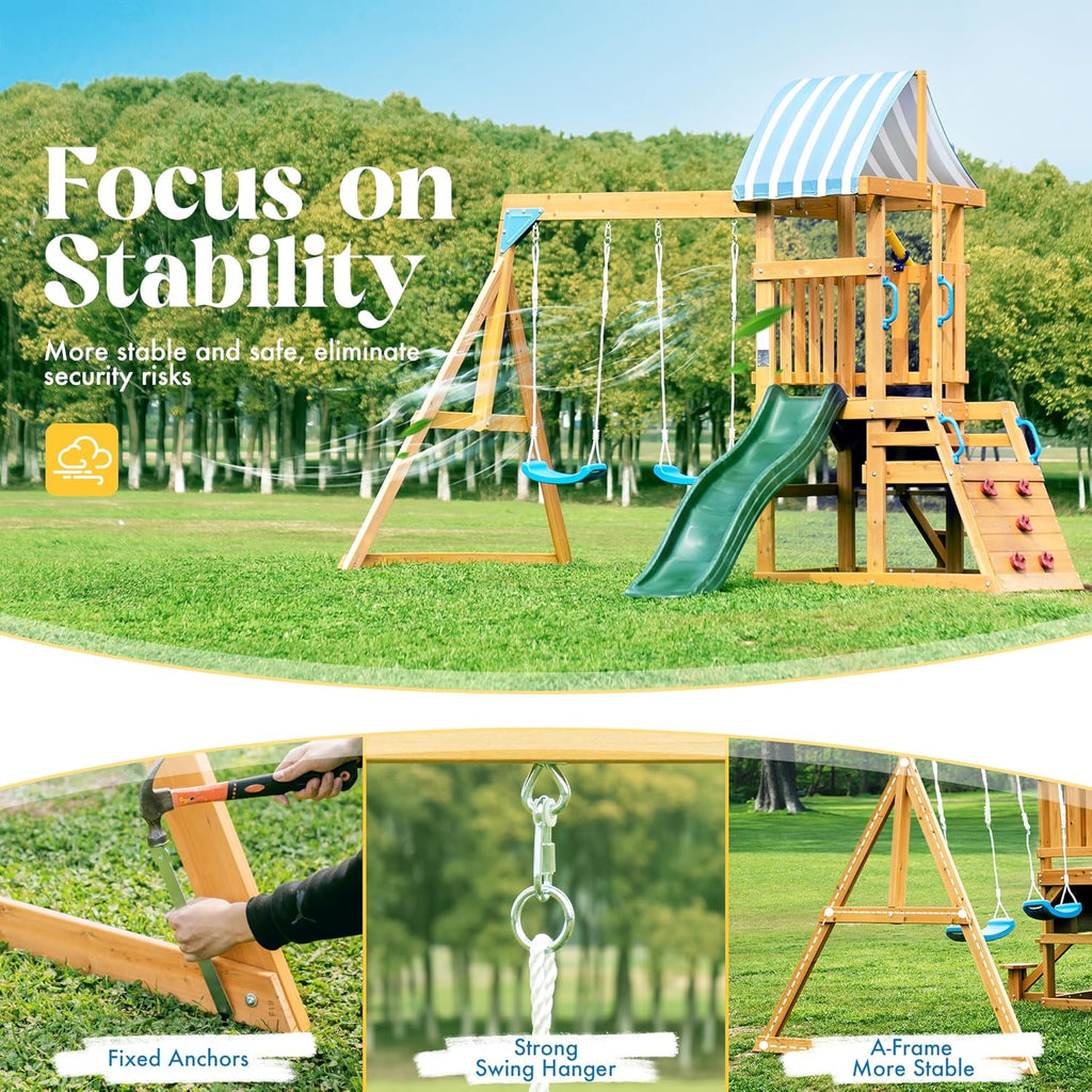 Swing Sets for Backyard, Wooden Swing Set, All-in-One Kids Outdoor Play Equipment with Two Swings, Slide, Rock