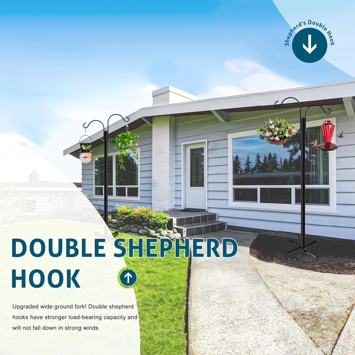 Double Shepherds Hooks for Outdoor, 92 Inch Bird Feeder Pole with 5 Prong Base, Upgrade 1 INCH Thick Heavy Duty
