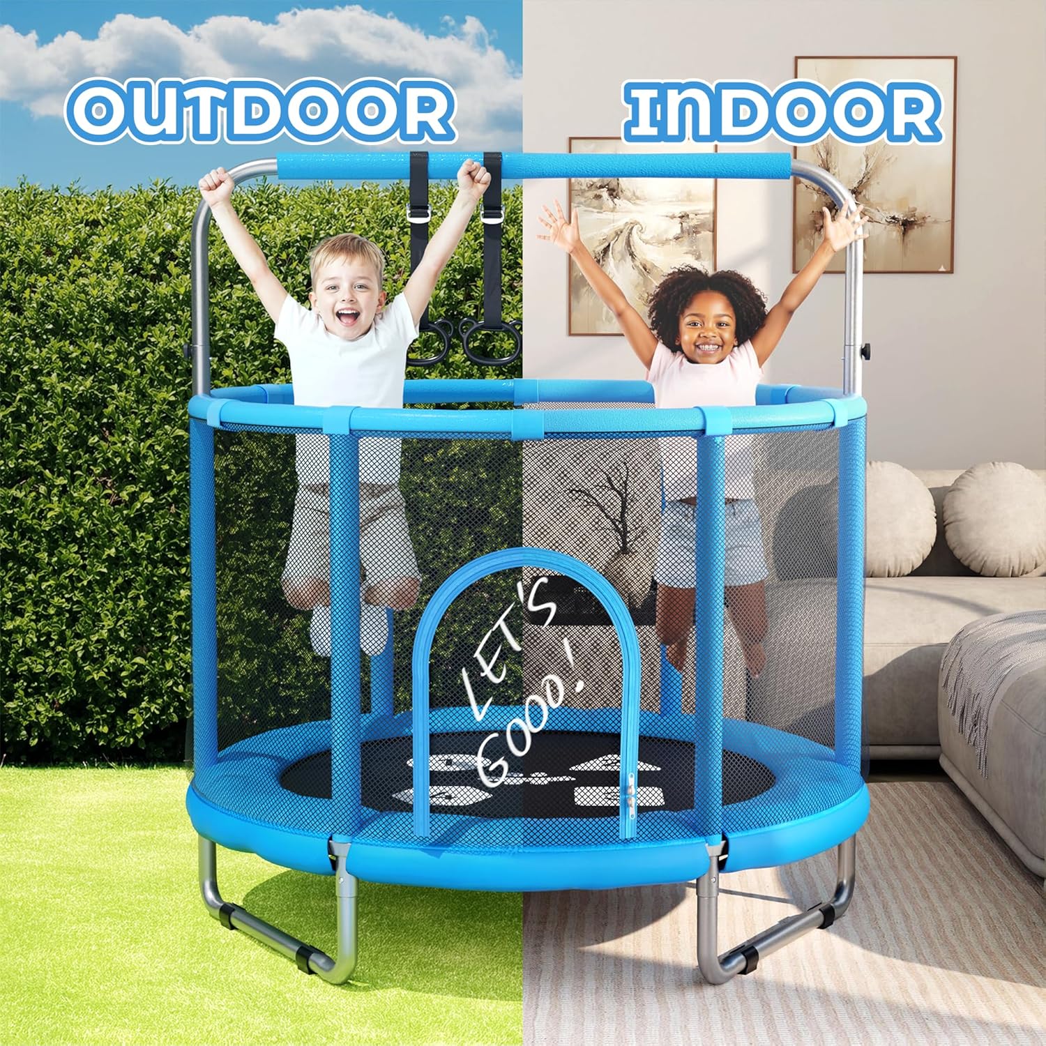 55’’ Trampoline for Kids with Safety Enclosure, Indoor & Outdoor Toddler Trampoline, Ultra Safe Design with Multi