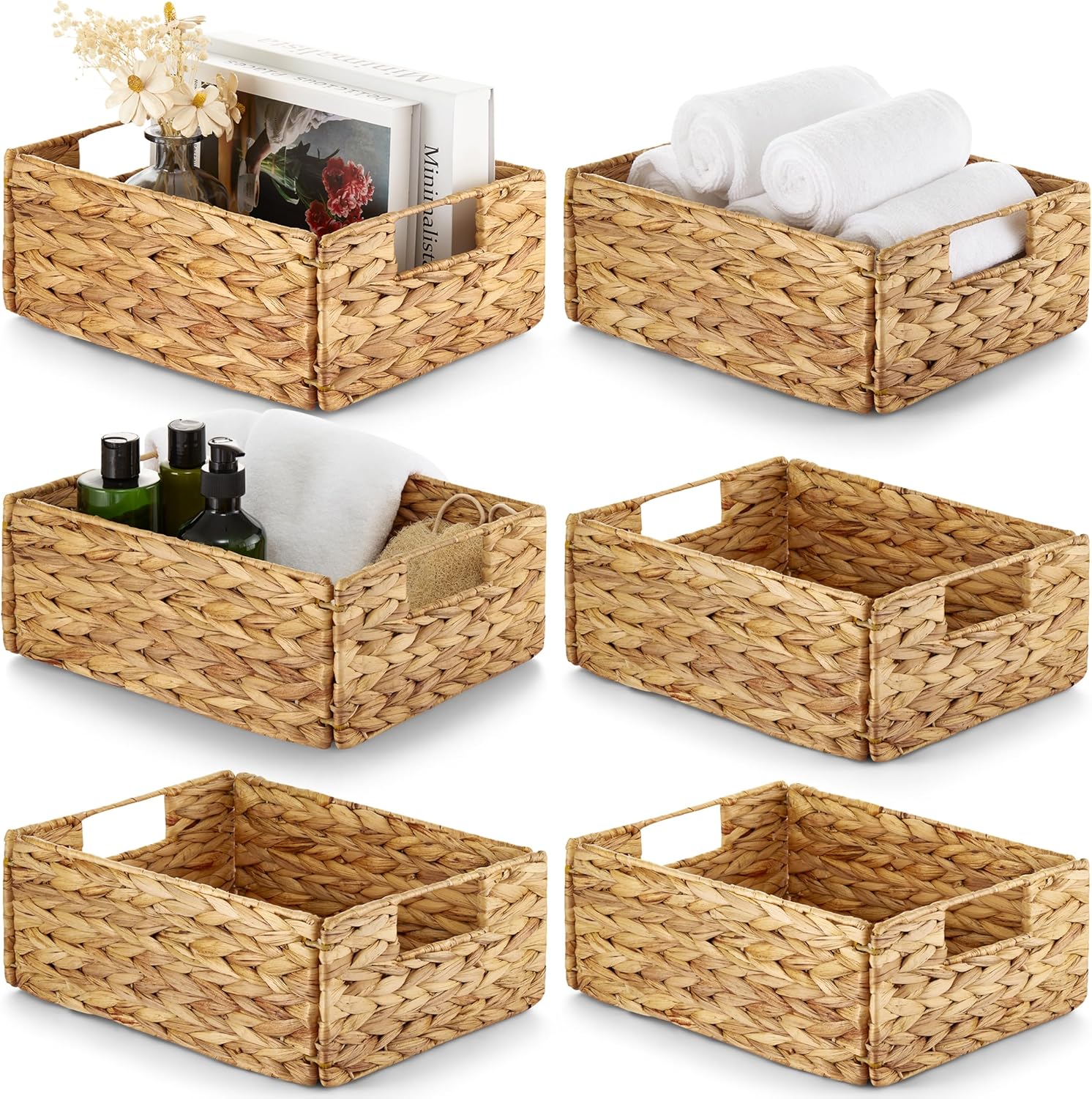 Water Hyacinth Storage Baskets (Set of 6) – Woven Hyacinth Organizer with Carrying Handles, Laundry Basket for