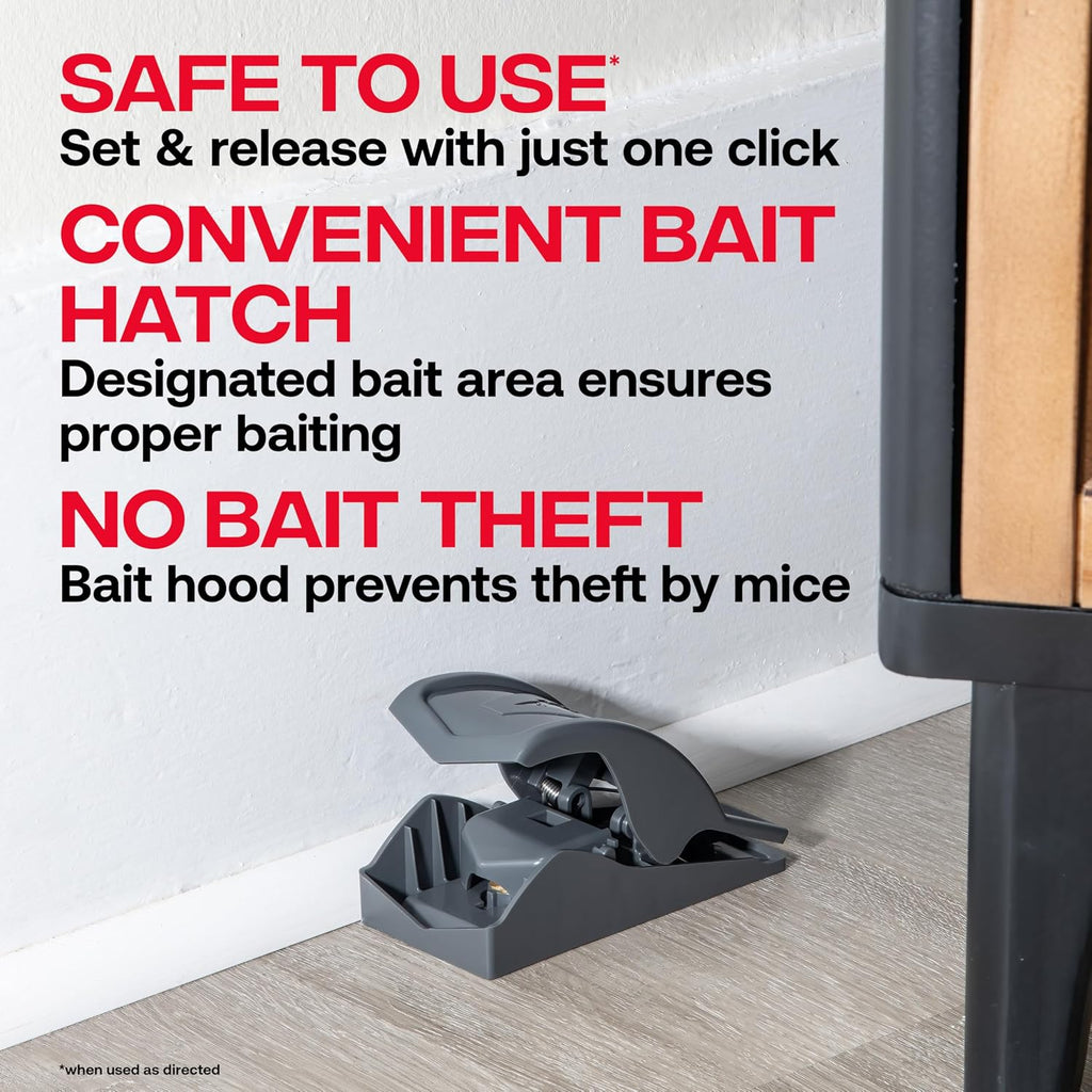 M070B Easy Safe-Set Power Kill Mouse Trap, 2-Pack Reusable Snap Trap | Refillable Bait Cup, Bait Hood Prevents Theft