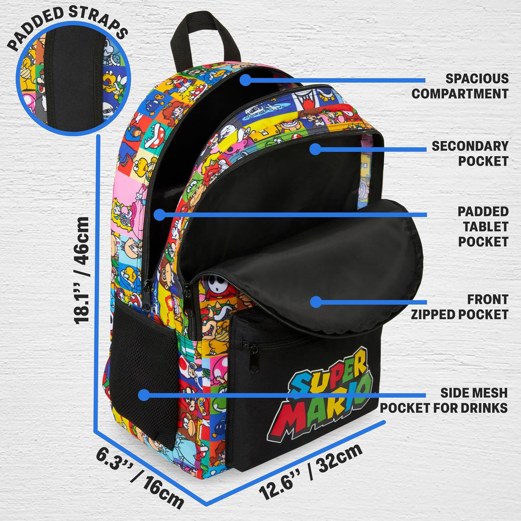 Super Mario Kids Backpack, Boys Lightweight 18 in Book Bag, Adjustable Padded Straps Travel School Bag, Gamer Gifts