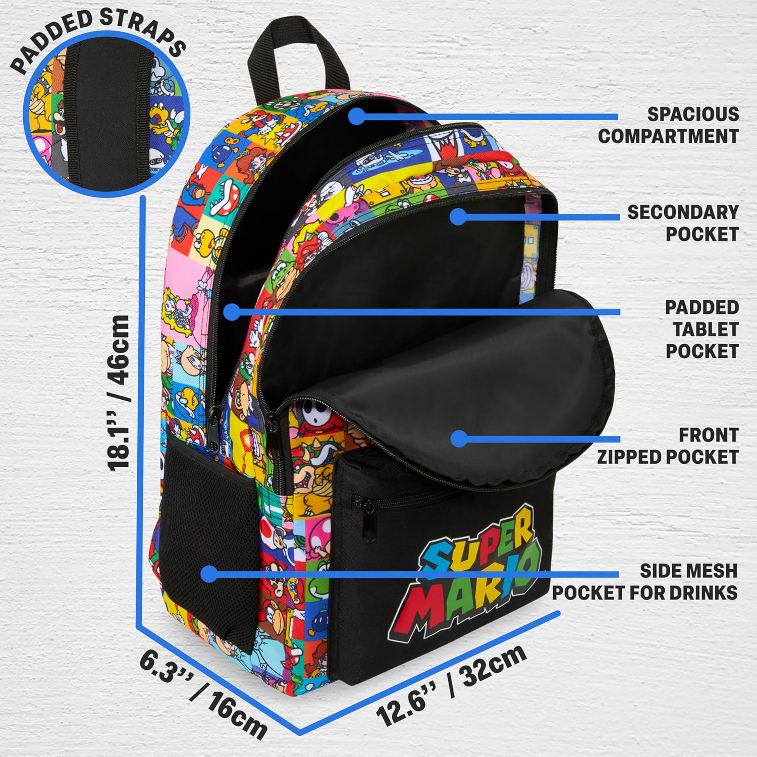 Super Mario Kids Backpack, Boys Lightweight 18 in Book Bag, Adjustable Padded Straps Travel School Bag, Gamer Gifts