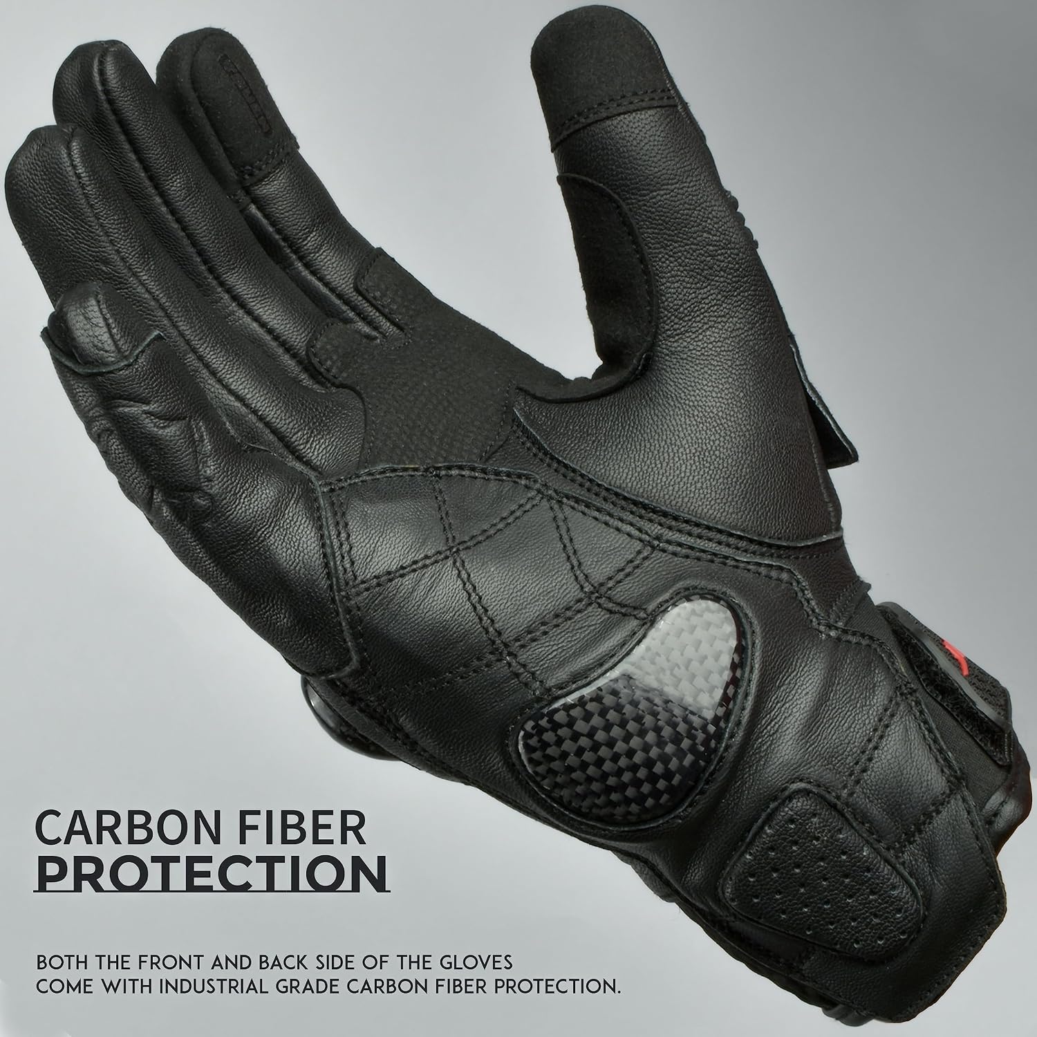 Leather Motorcycle Gloves for Men - Carbon Fiber Knuckle Protection, Motorbike Powersports, Dirt Bike, Touchscreen