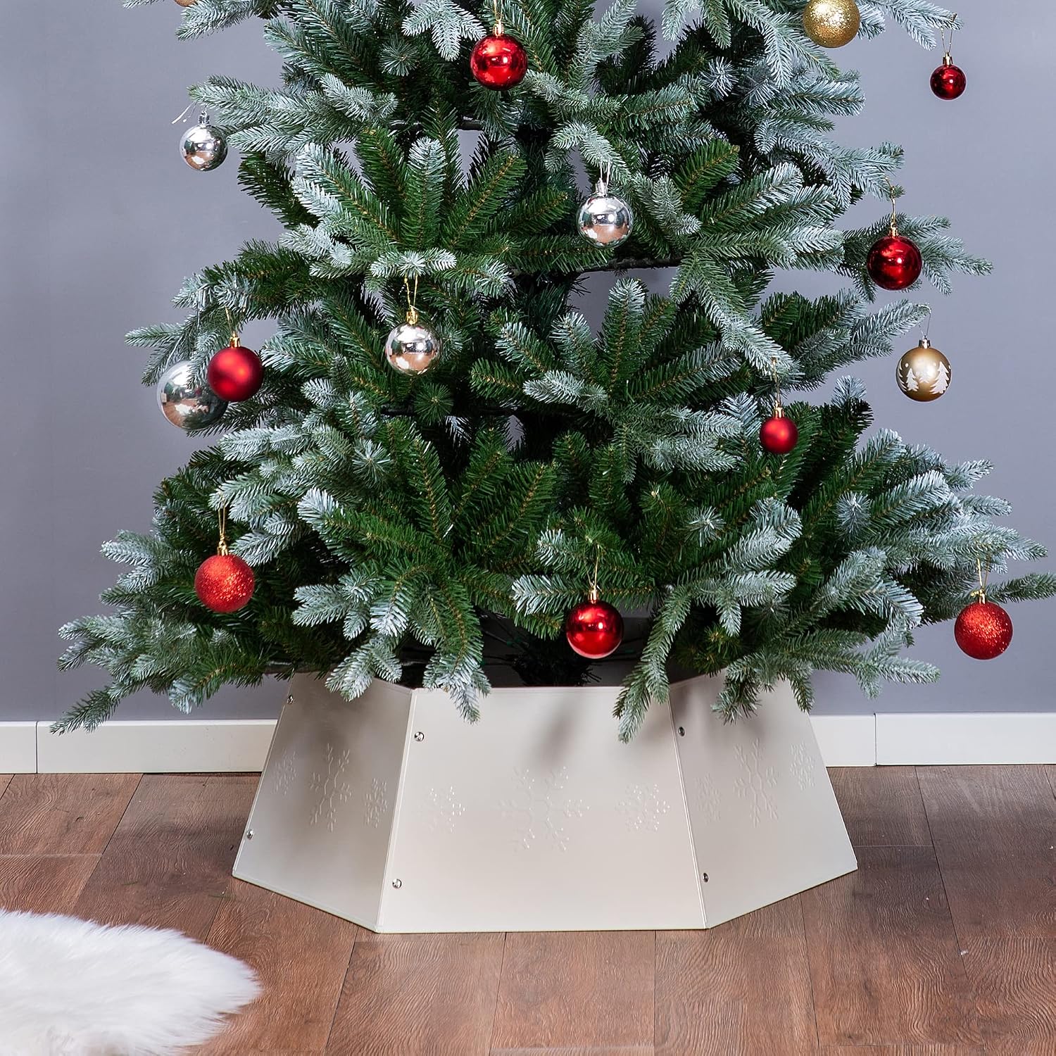 Metal Christmas Tree Ring, Christmas Tree Collar with Printed Snowflake, Christmas Tree Skirt Base Stand for