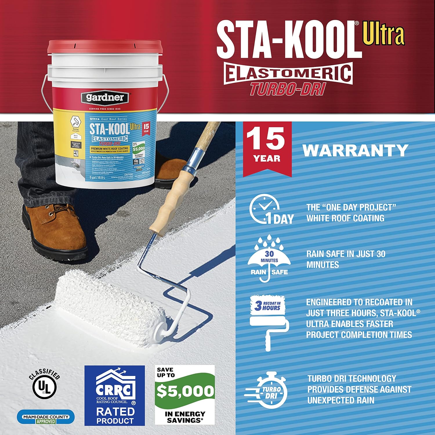 Gibson Sta-Kool 15-Year Turbo-Dri Elastomeric Roof Coating, White, 5 Gal., Flexible White Acrylic Roof Coating
