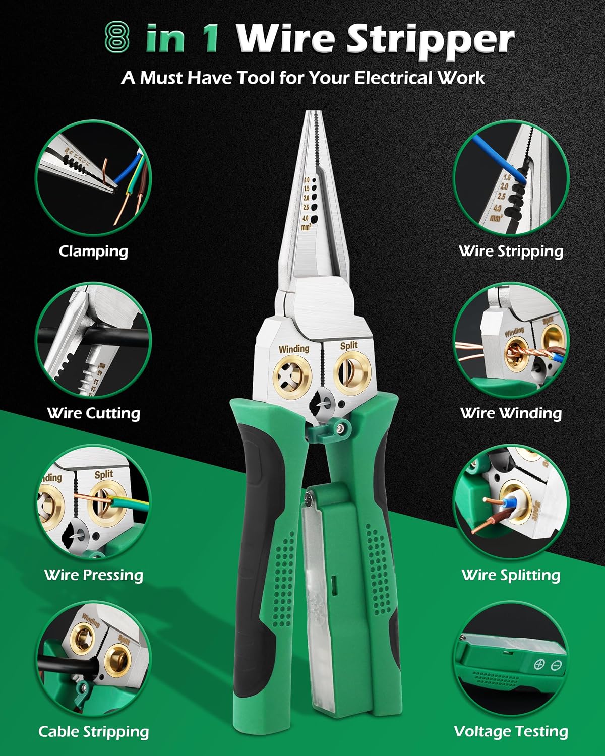 Safeguard Wire Stripper with Voltage Tester (12V-250V AC/DC), Wire Crimper Cutter for 10-18 AWG – Electrician Tool