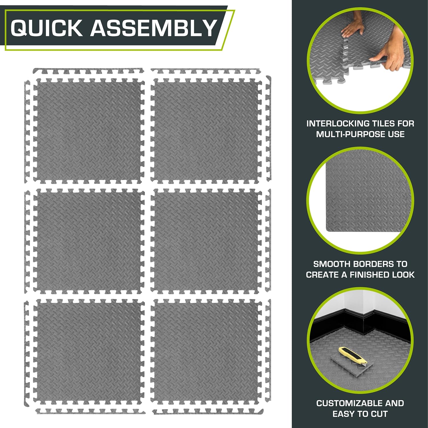 Exercise Puzzle Mat ½-inch, EVA Interlocking Foam Floor Tiles for Home Gym, Workout Equipment, Kids Play Areas, Grey