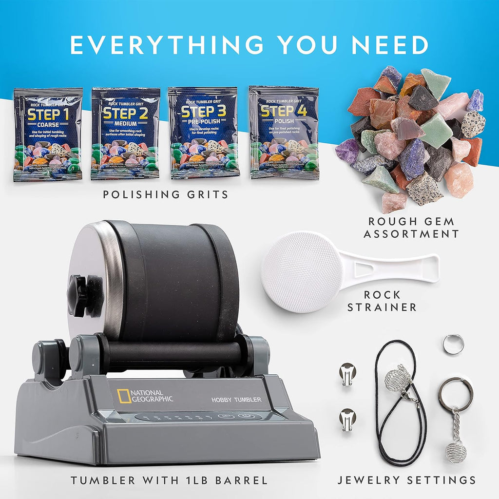 National Geographic Hobby Rock Tumbler Kit for Kids and Adults Ages 8+ | Rough Gemstones, 4 Polishing Grits, Rock