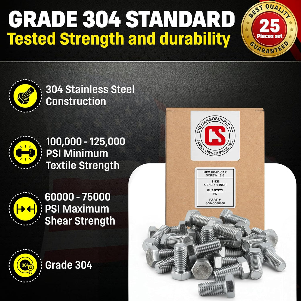 Chenango Supply 1/2-13 x 1 Stainless Steel Hex Head Bolts