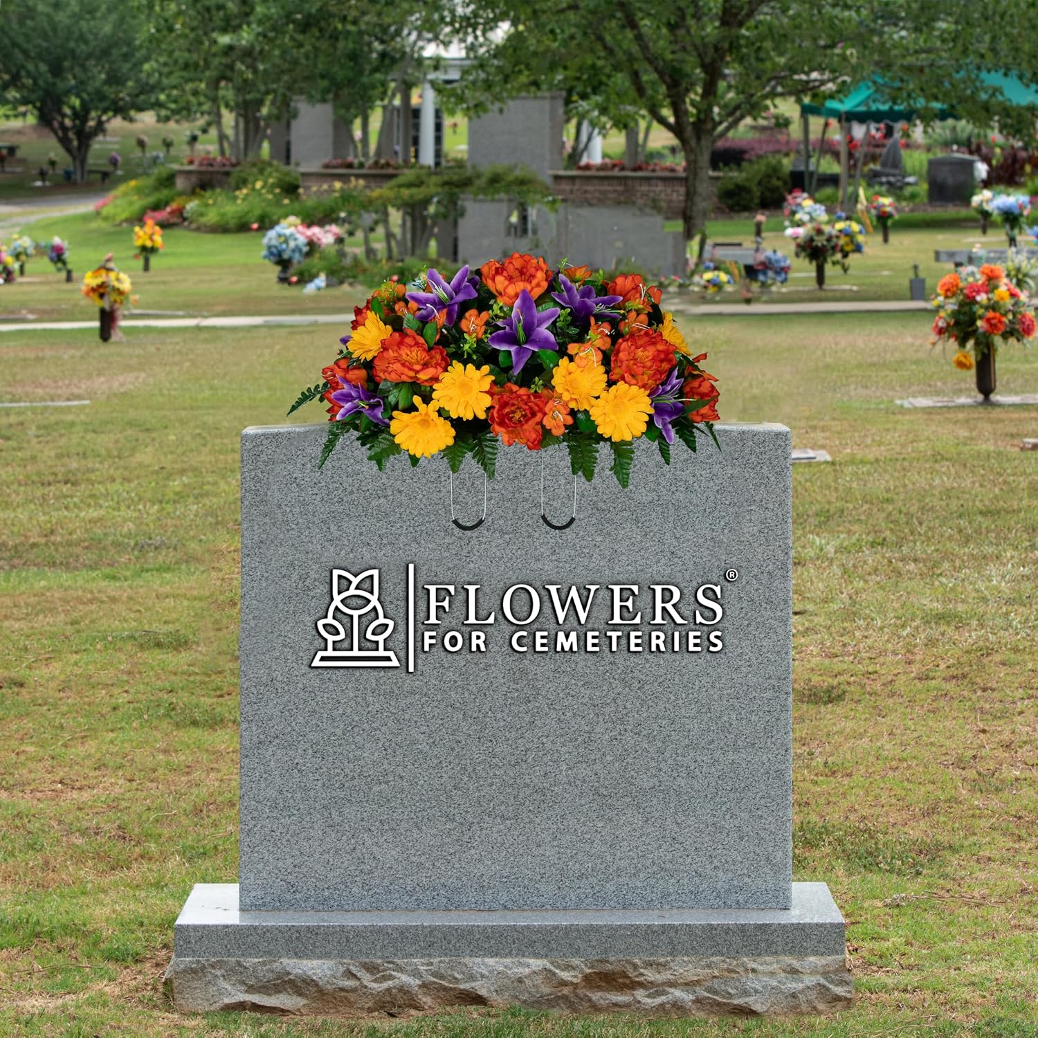 30" Headstone Flower Saddle Artificial Cemetery Flowers - Gravesite Flowers - Orange Peonies, Purple Lilies, and