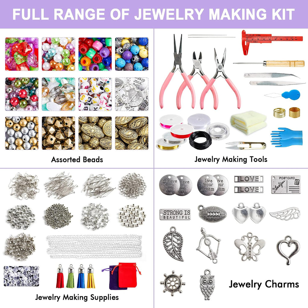 Jewelry Making Kit, 1960 pcs, Supplies Includes Beads, Instructions, Findings, Wire for Bracelet, Necklace, Earrings
