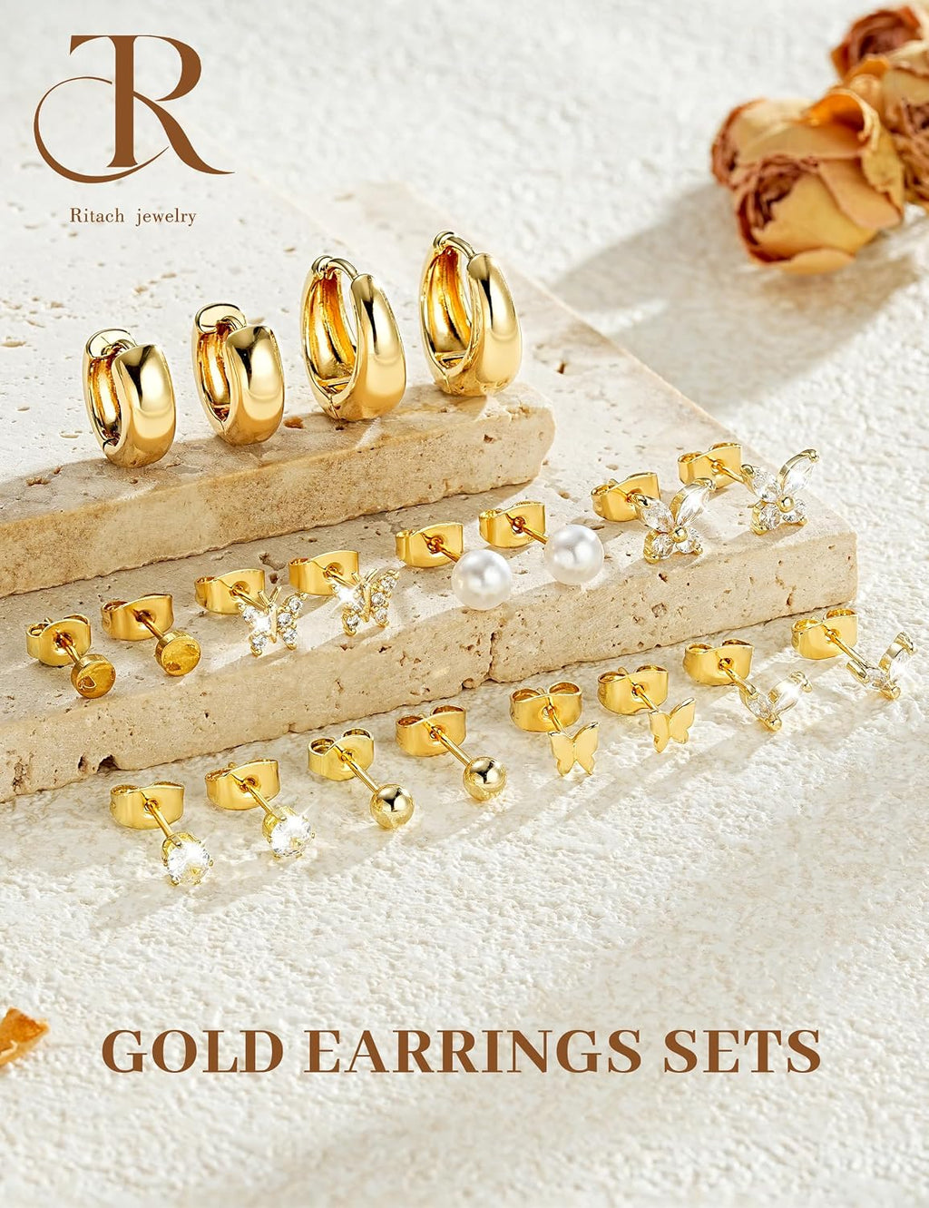 Small Gold Stud Earrings Set for Women - 14K Gold Plated CZ Huggie Hoops Hypoallergenic Earrings Dainty Flower Heart